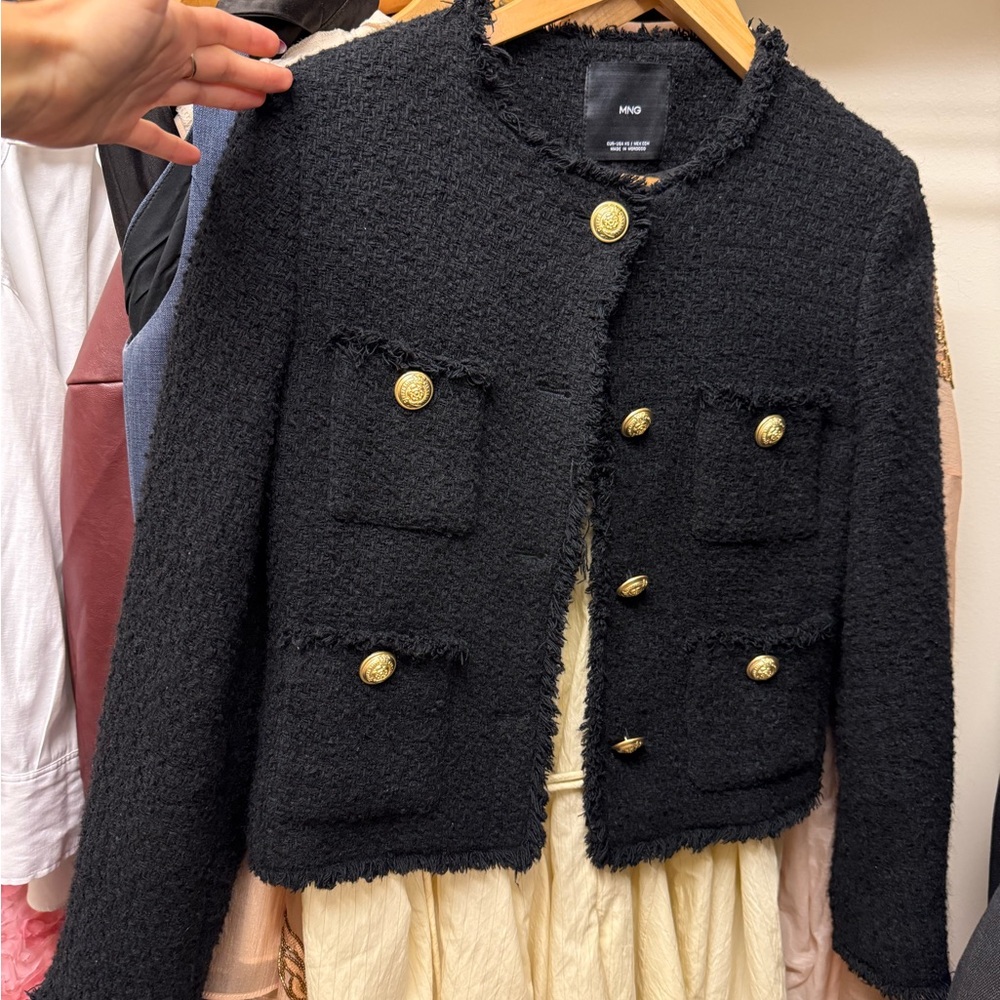 Mango Black Bouclé Jacket with Gold Buttons